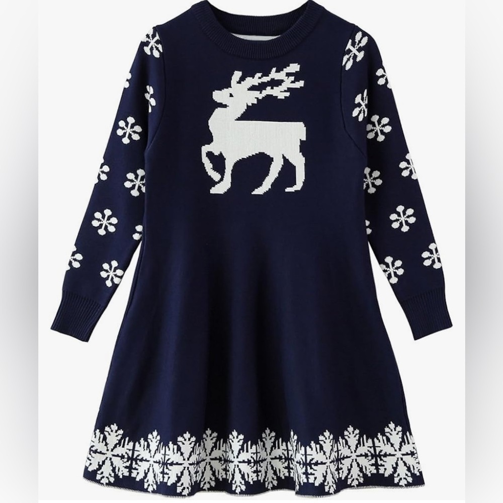 Navy Reindeer Sweater Dress Size 6-7